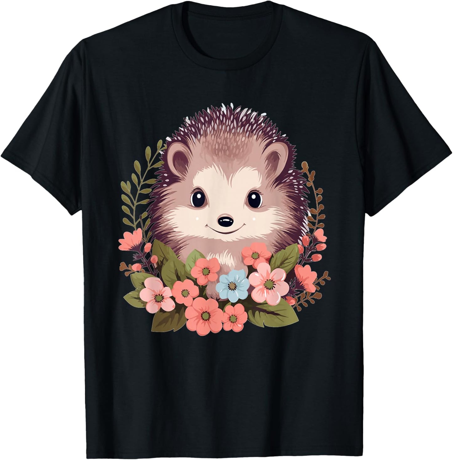 Cute Hedgehog with Flowers I Hedgehog T-Shirt - T-Shirt | Black