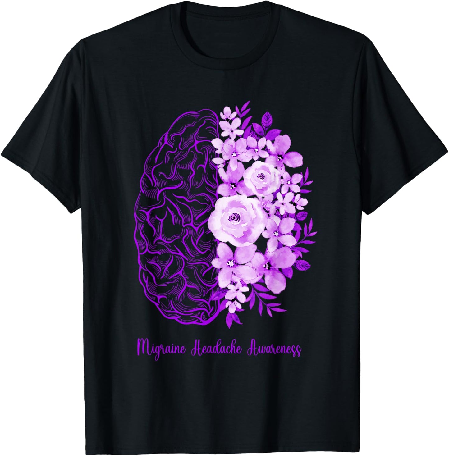 Migraine Headache Awareness Brain Flower Purple Ribbon T-Shirt - T-Shirt | Black