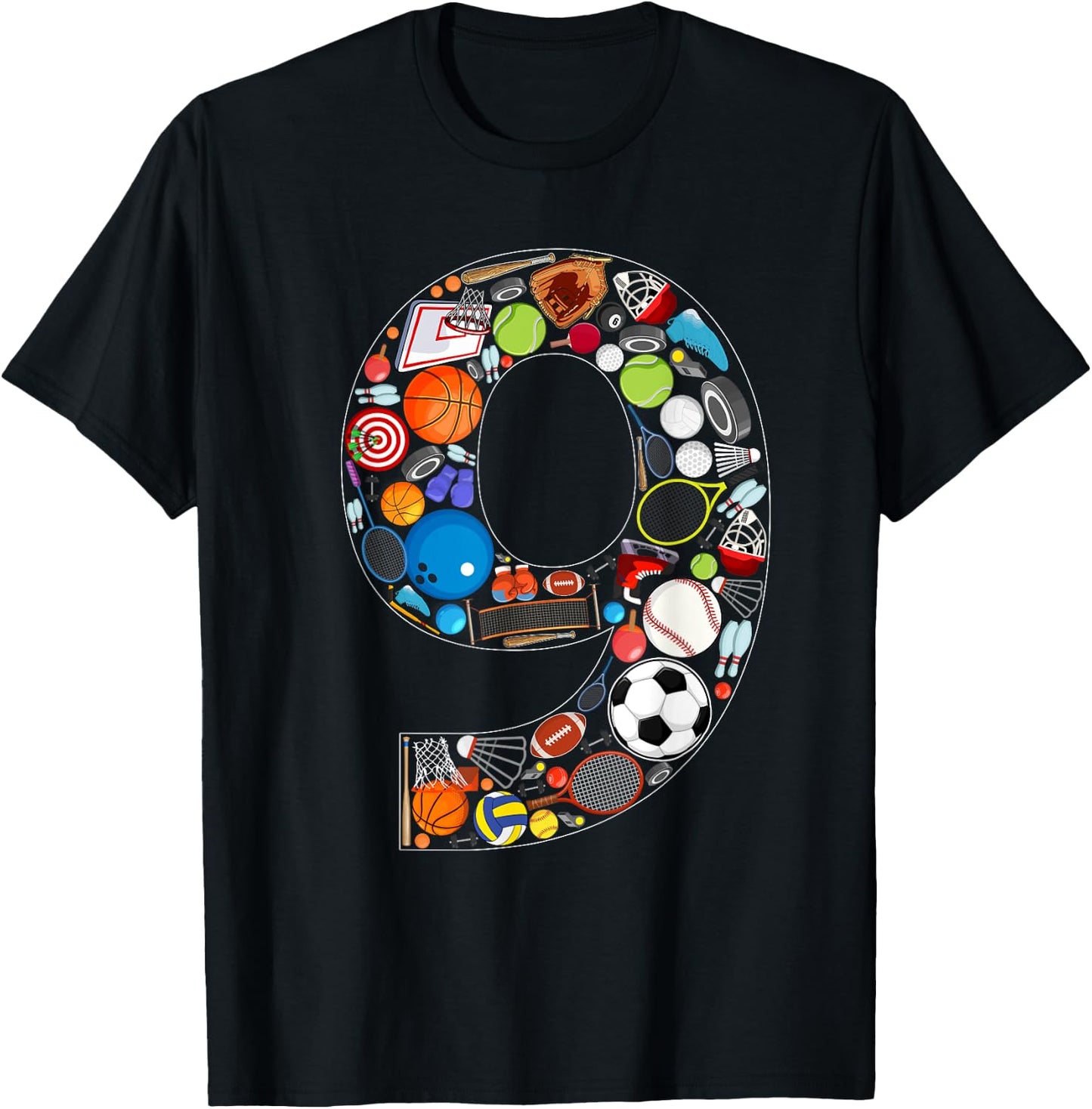 9th Birthday Sports Themed 9 Year Old Party Kids T-Shirt - T-Shirt | Black