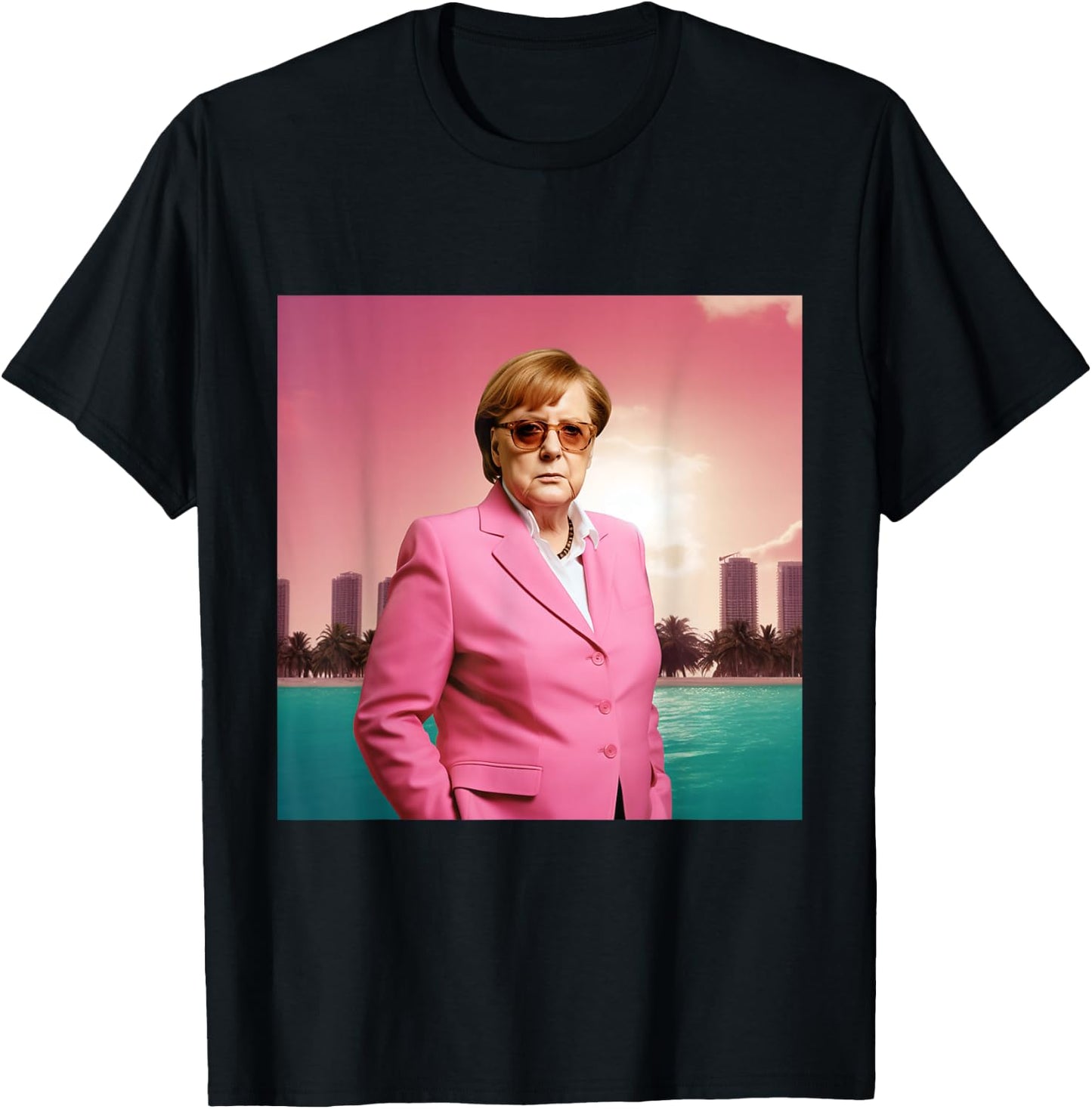Angela Merkel Wearing Pink Suit in Miami, Digital Art , black T-Shirt - T-Shirt | Black