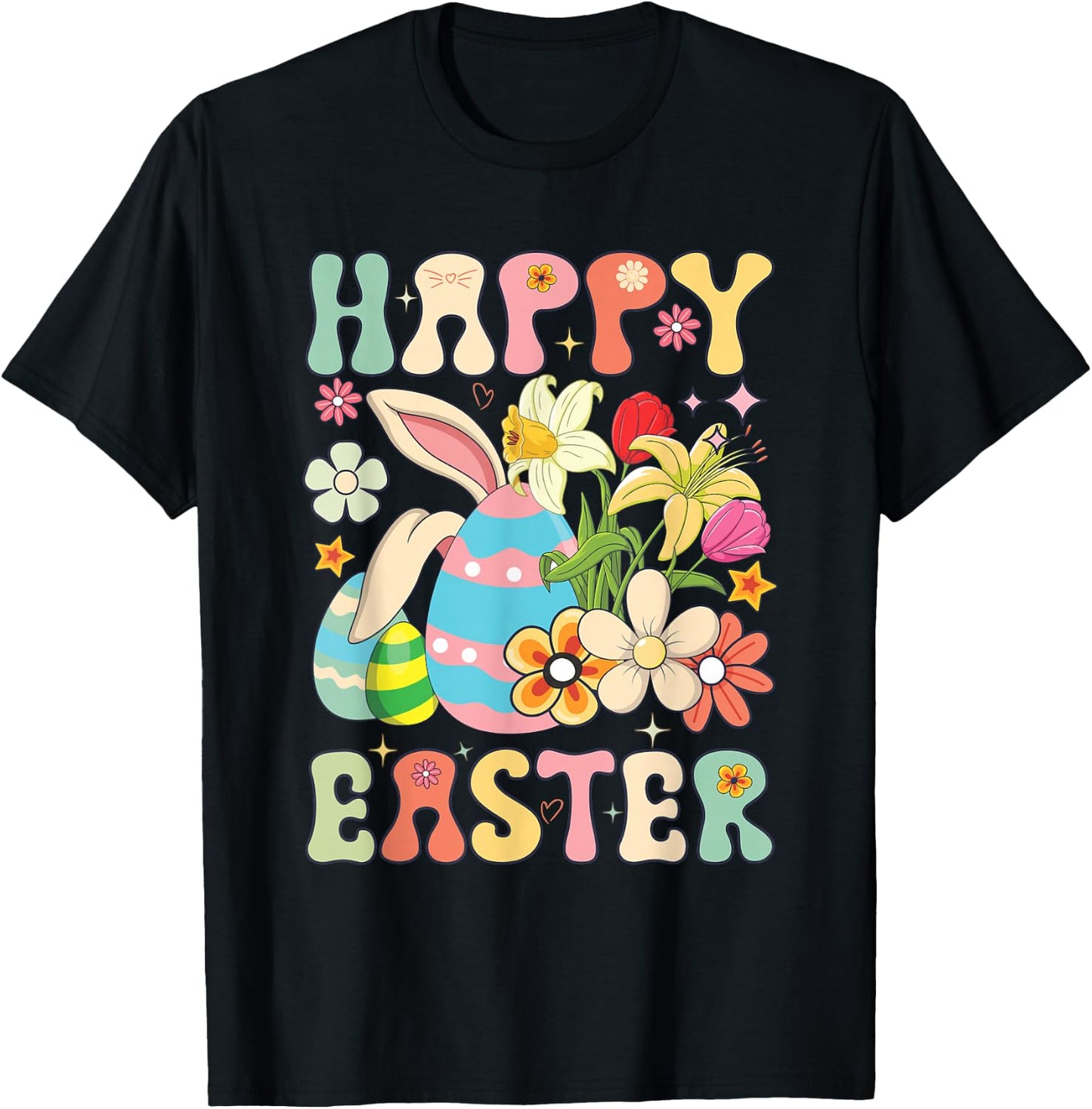 Happy Easter Bunny Rabbit Eggs Groovy Matching Easter Day T-Shirt - T-Shirt | Black