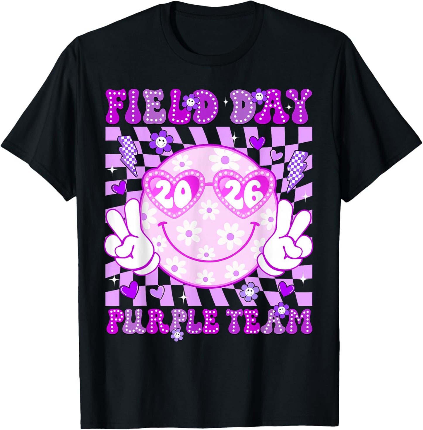 Field Day Purple Team 2026 Smile Face Sunglasses Kid Teacher T-Shirt - T-Shirt | Black