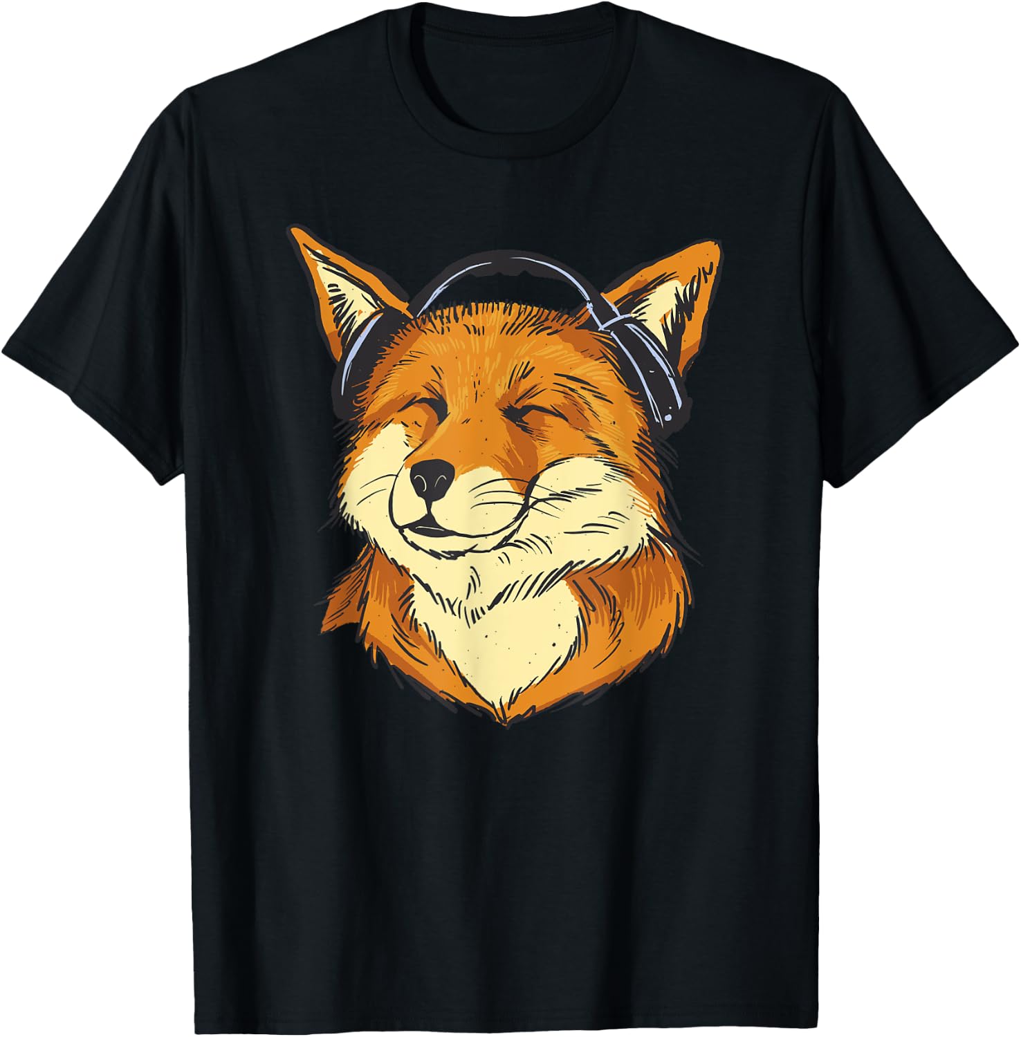 with Headphones Fox with Headphones Happy Fox Listens to Music, black T-Shirt - T-Shirt | Black