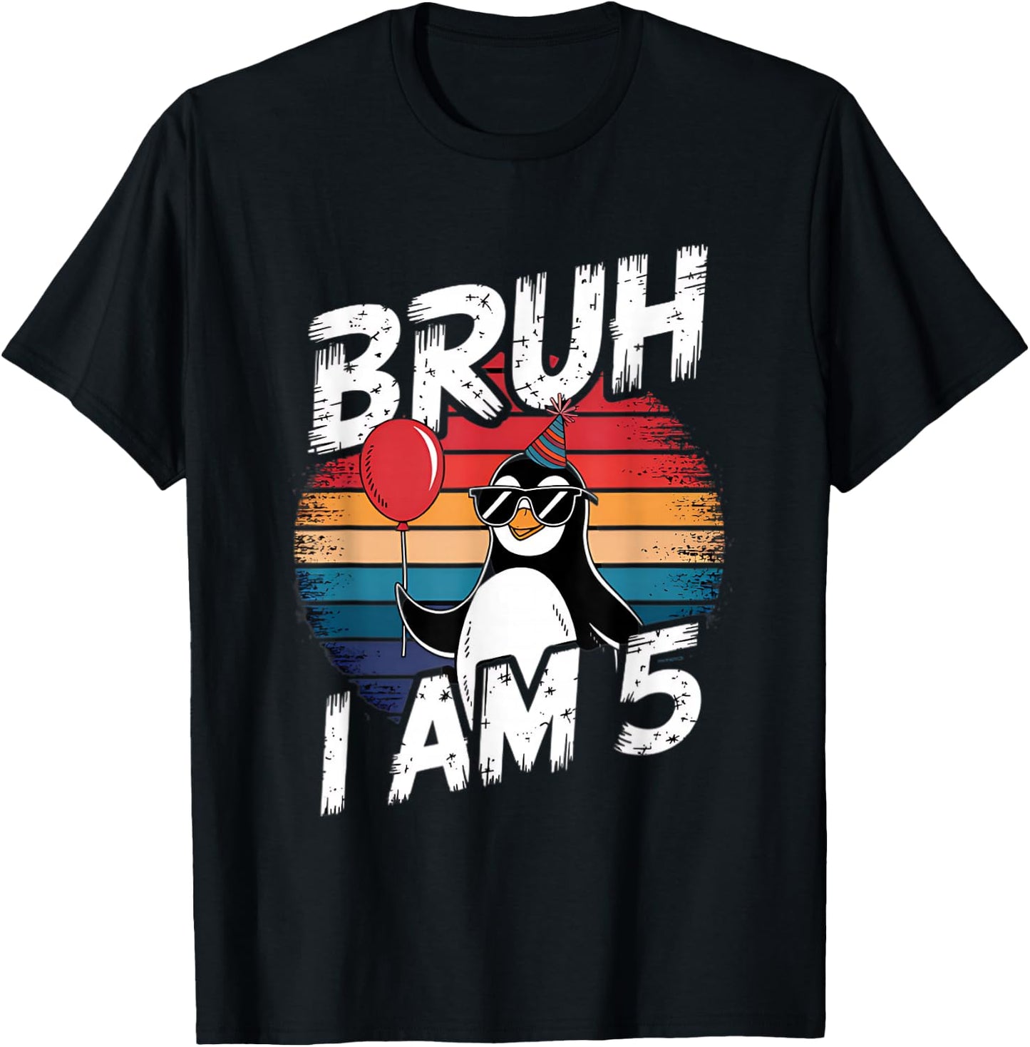 Bruh I Am 5 Penguin Kids 5th Birthday Party Retro Sunset T-Shirt - T-Shirt | Black