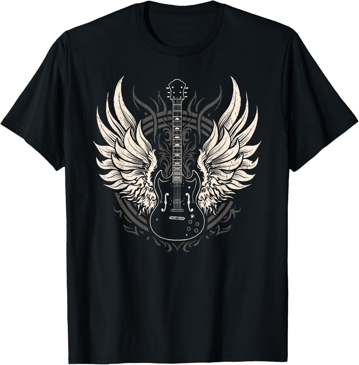 Guitar with Wings Art Graphic Women Children T-Shirt - T-Shirt | Black