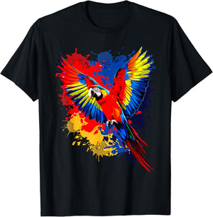 Splash Art Scarlet Macaw Parrot Lover Colorful T-Shirt - T-Shirt | Black