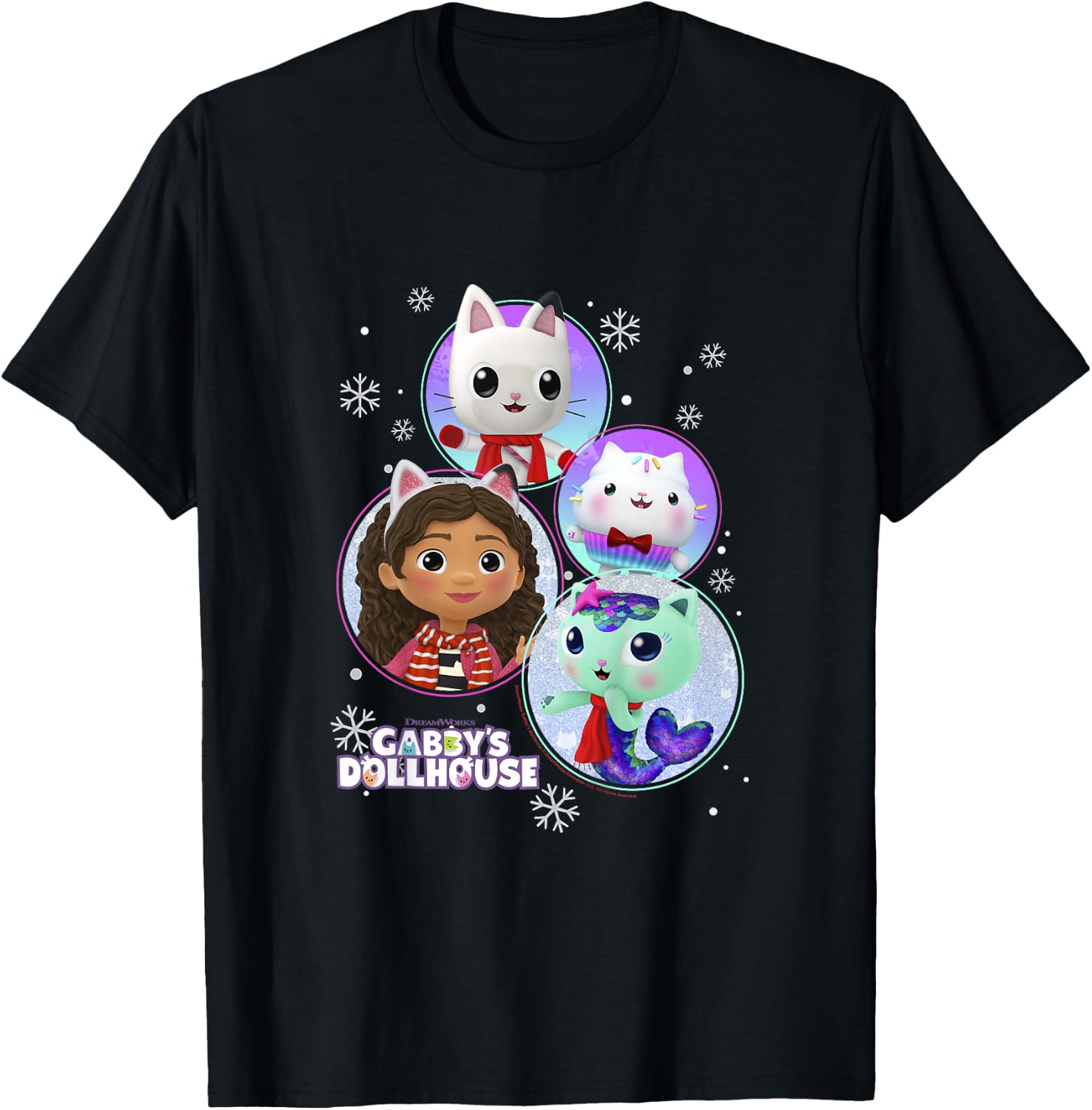 Kids Gabby's Dollhouse Group Christmas Character Snowflake Panels T-Shirt - T-Shirt | Black