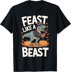 Feast Like a Beast Thanksgiving T-Rex Dino T-Shirt - T-Shirt | Black