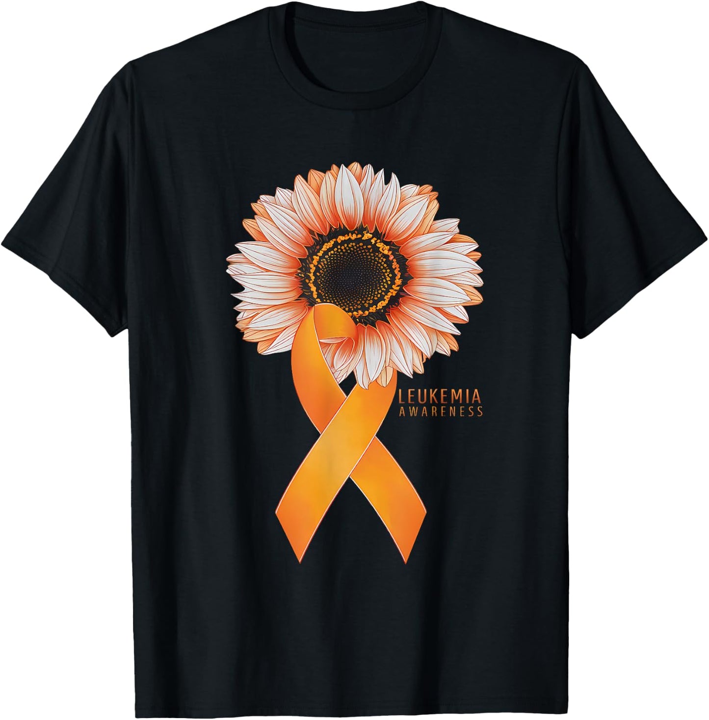 Leukemia Cancer Awareness Sunflower Warrior Orange Ribbon T-Shirt - T-Shirt | Black