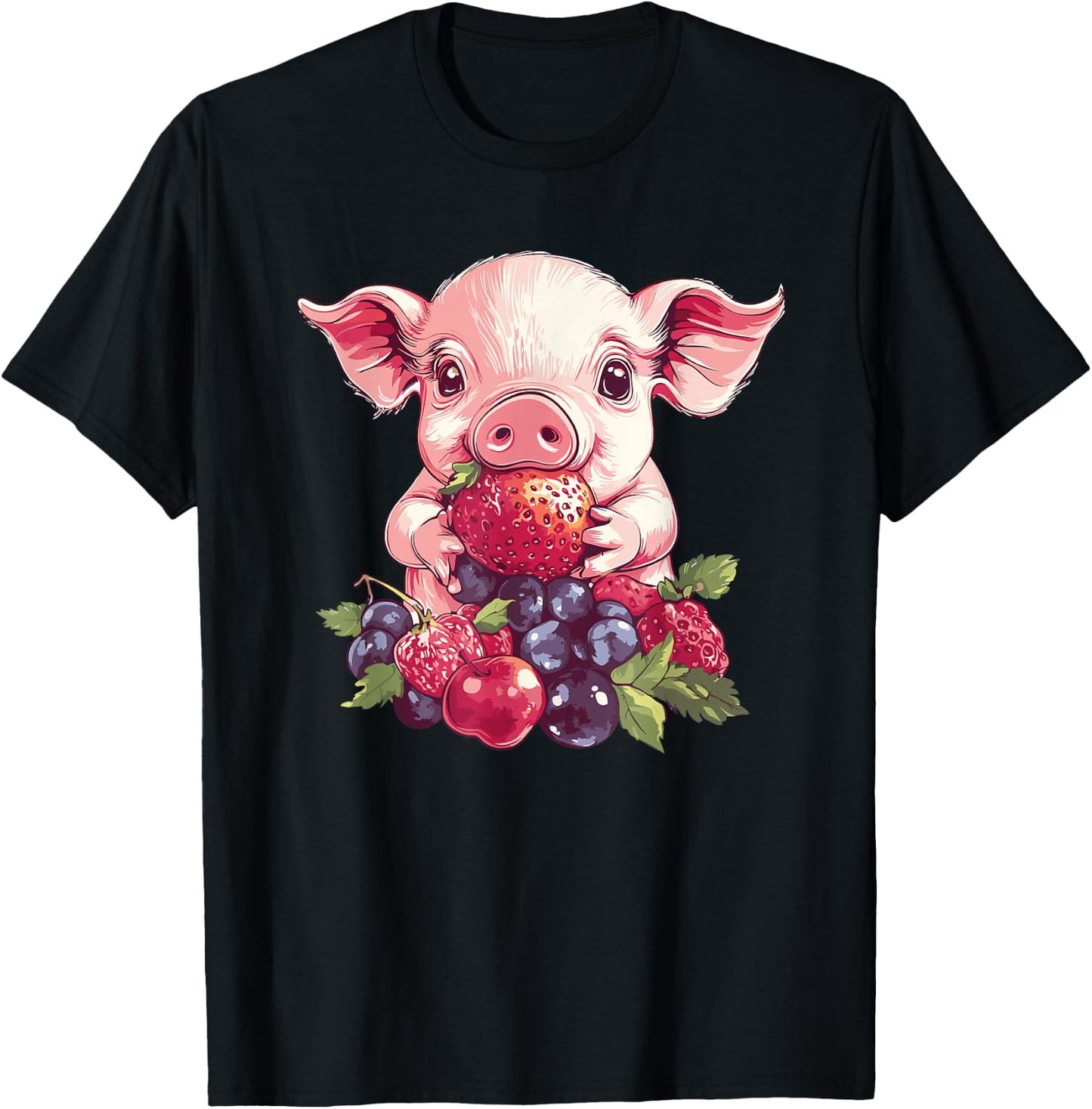 Adorable Pig With Strawberries And Berries T-Shirt - T-Shirt | Black