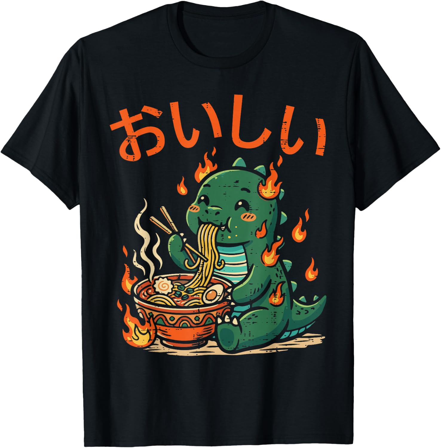 Dino Kaiju Monster Ramen Cute Japanese Kids Women Men T-Shirt - T-Shirt | Black