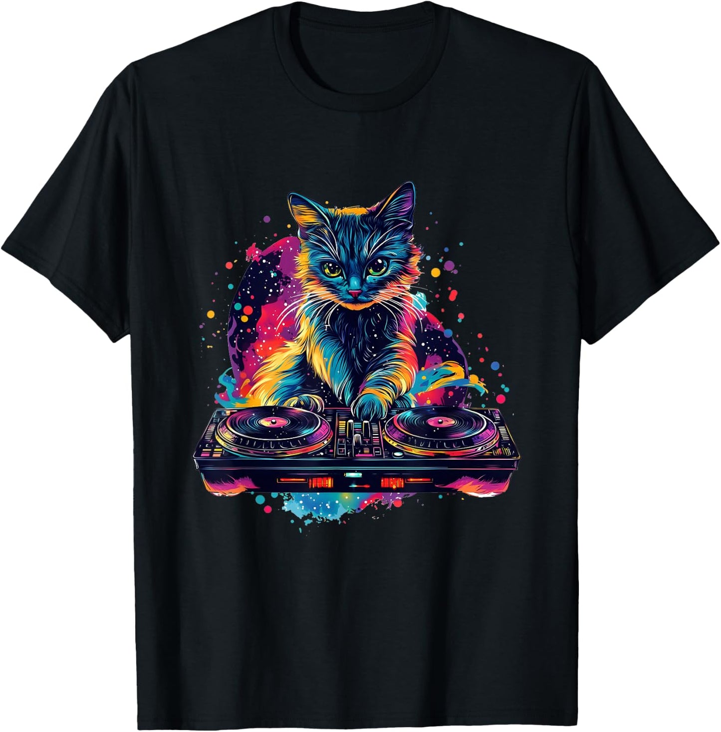 Cool DJ Cat Techno Rave House Party Disco , Black, S T-Shirt - T-Shirt | Black