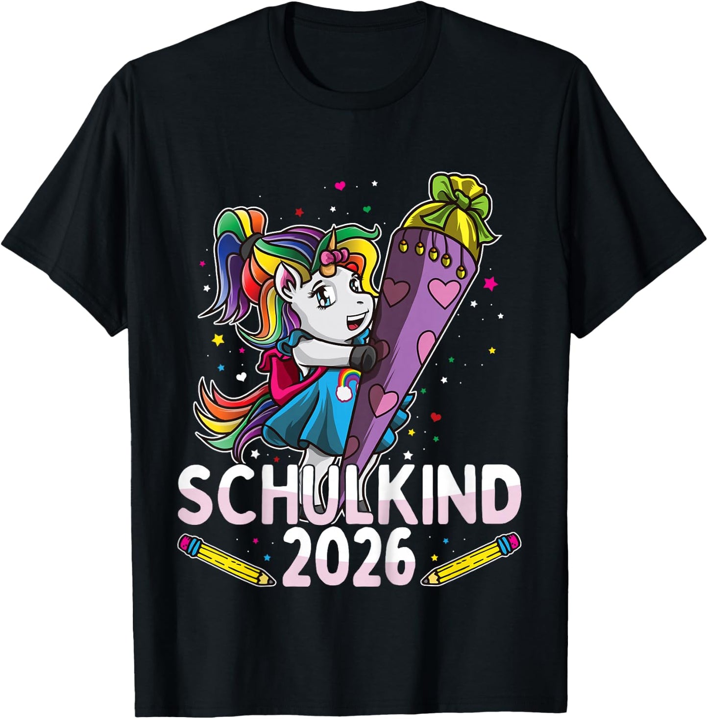 Einschulung Schulkind 2026 Einhorn Schultüte Lila Mädchen T-Shirt - T-Shirt | Black