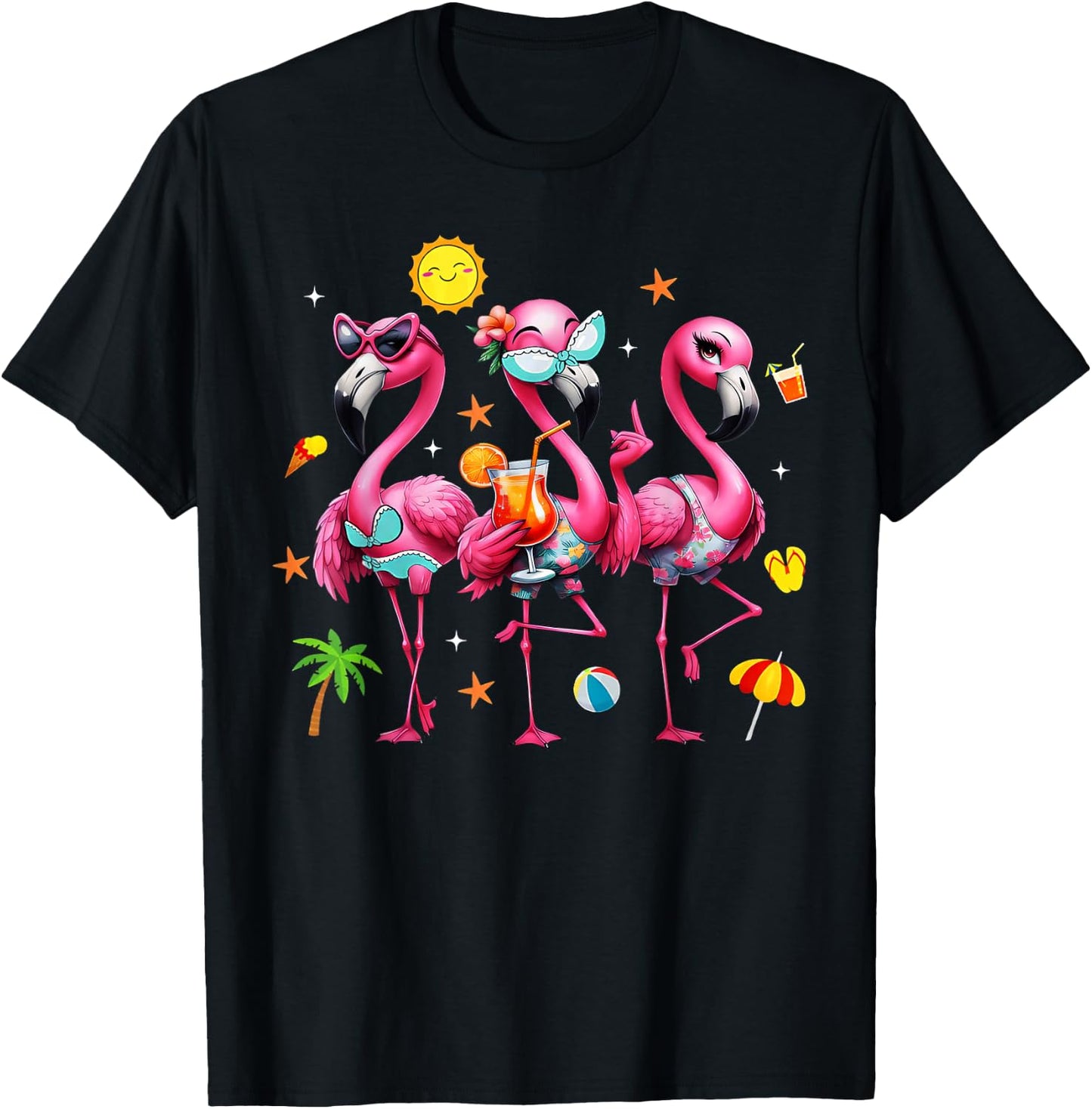 Flamingo Pink Palm Tree Tropical Beach Summer Vacation Women T-Shirt - T-Shirt | Black