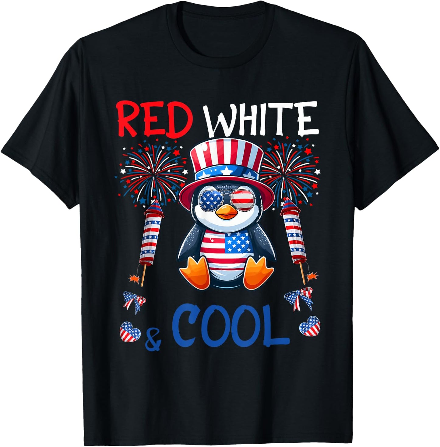 Red White And Cool Costume Penguin Sunglasses 4th July T-Shirt - T-Shirt | Black