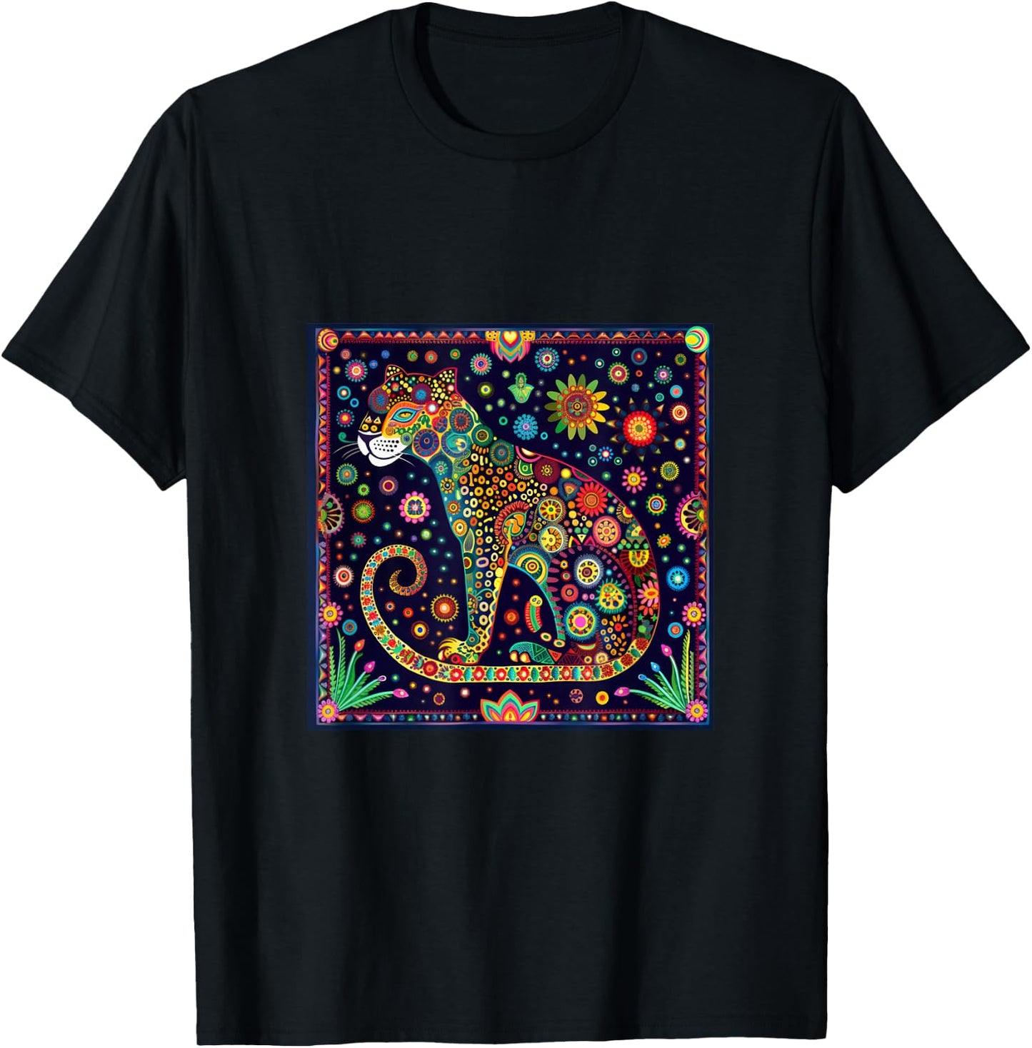 Jaguar Head Huichol Art Mexico Aztec Mayas T-Shirt - T-Shirt | Black