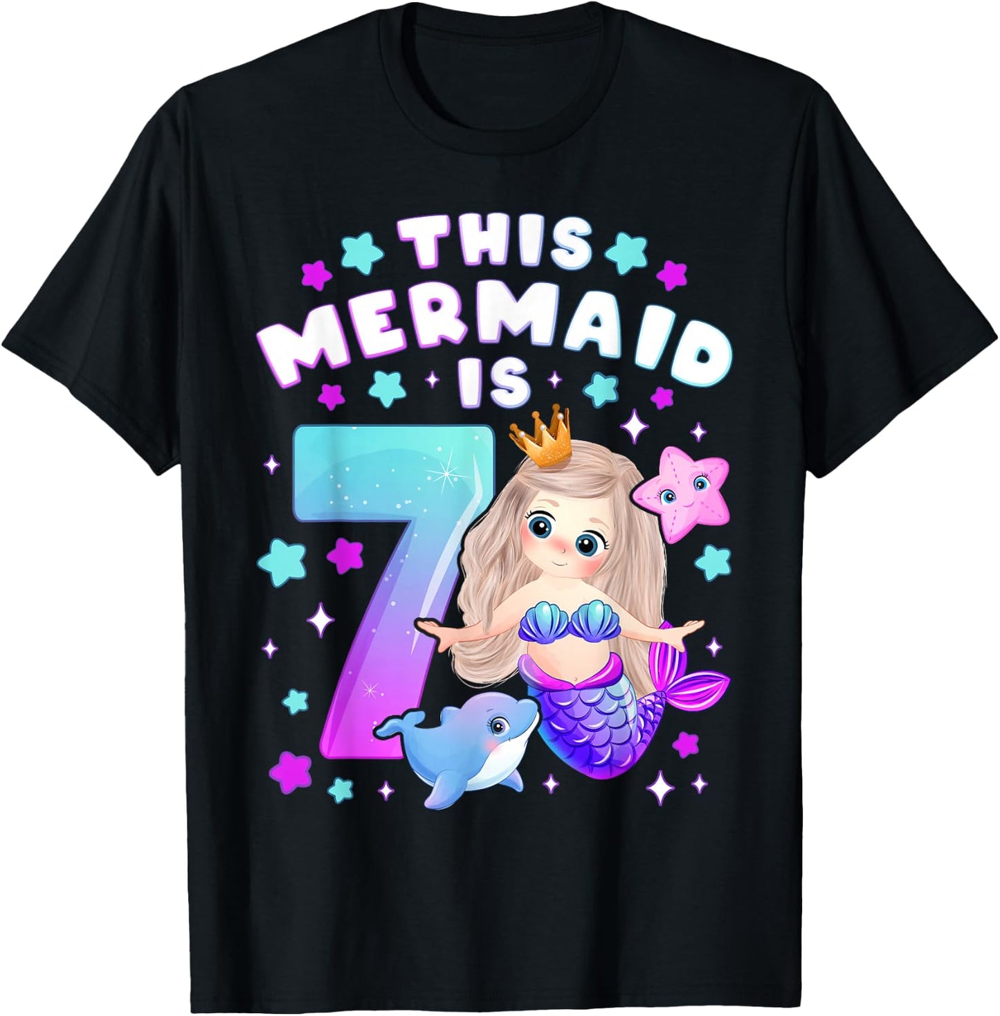 7th Birthday Girl 7 Years Mermaid Number 7 T-Shirt - T-Shirt | Black