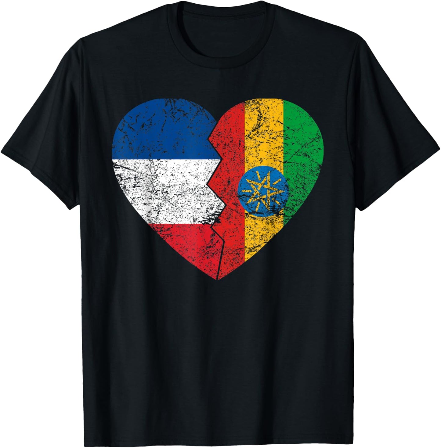 Ethiopian Flag Heart | France Ethiopia Roots Vintage , Black, S T-Shirt - T-Shirt | Black
