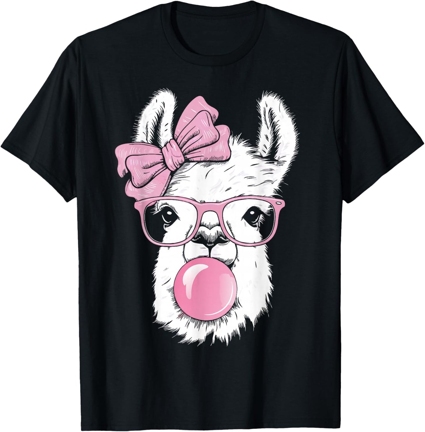 Llama Wearing Glasses and Blowing Pink Bubble Gum T-Shirt - T-Shirt | Black