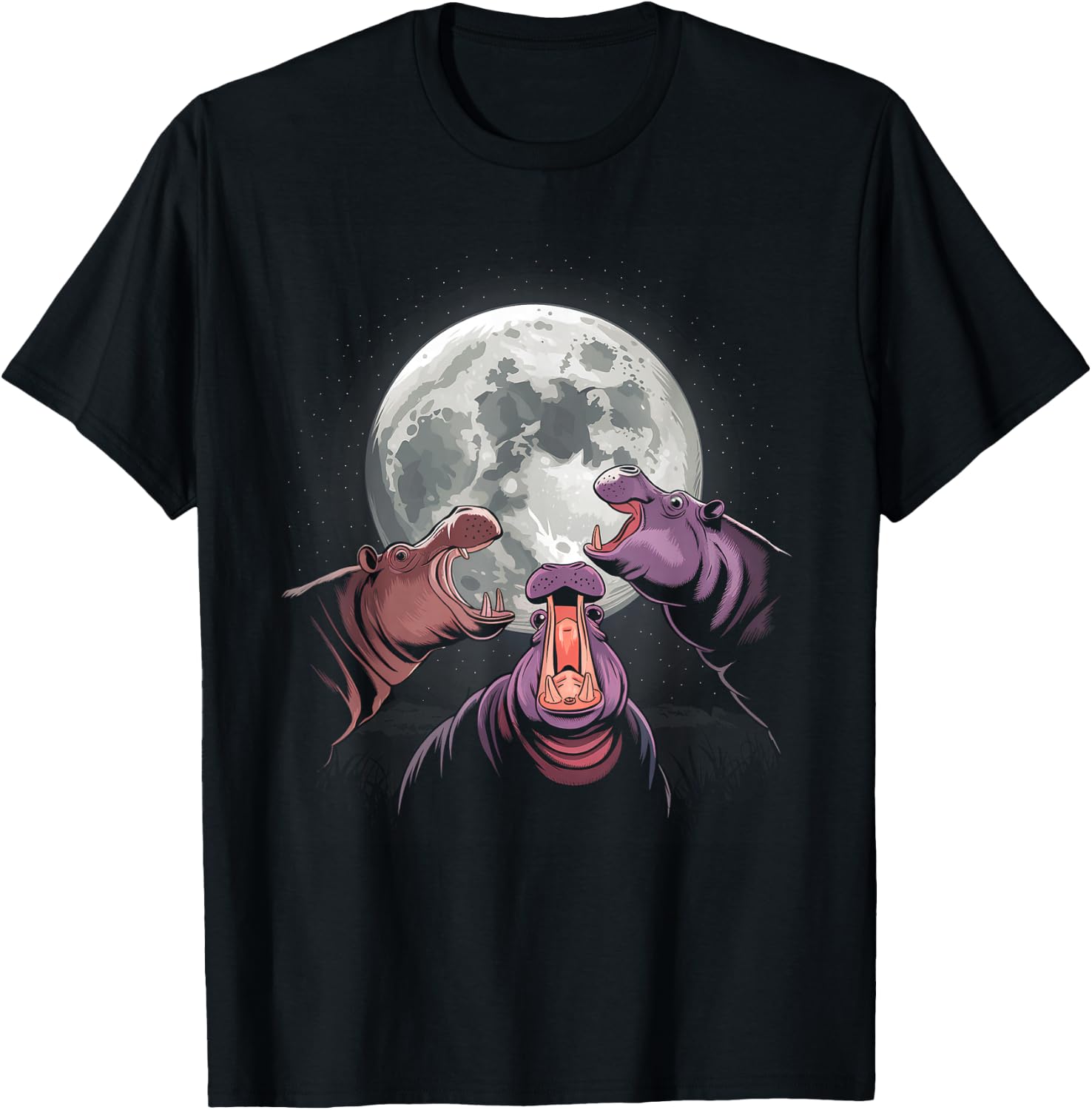 Three Hippo Howling At Moon - Funny Hippo Lovers T-Shirt - T-Shirt | Black