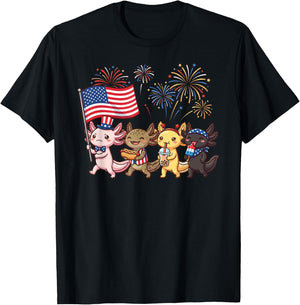 Kawaii Patriotic Axolotls Celebrating 4th of July Fireworks T-Shirt - T-Shirt | Black