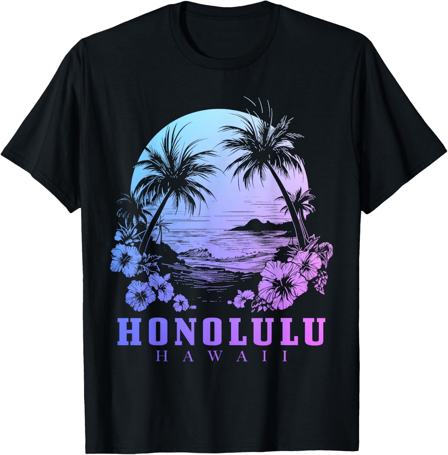Honolulu Hawaii Hawaiian Hibiscus Flowers Surfer Souvenir T-Shirt - T-Shirt | Black