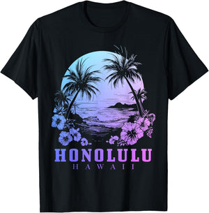 Honolulu Hawaii Hawaiian Hibiscus Flowers Surfer Souvenir T-Shirt - T-Shirt | Black