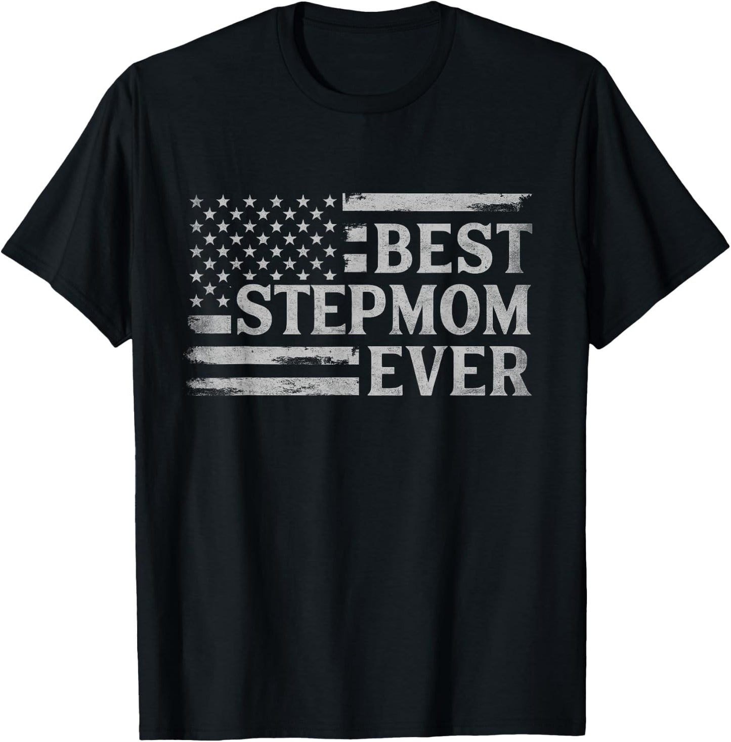 Best Stepmom Ever Grey Vintage USA Flag Mother's Day T-Shirt - T-Shirt | Black