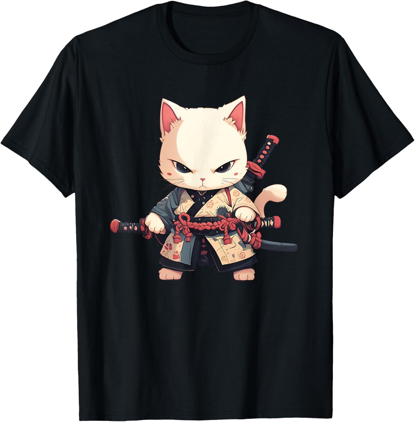 Japanese Samurai Cat Kawaii Ninja Cat Neko Men Women Girls Kids T-Shirt - T-Shirt | Black