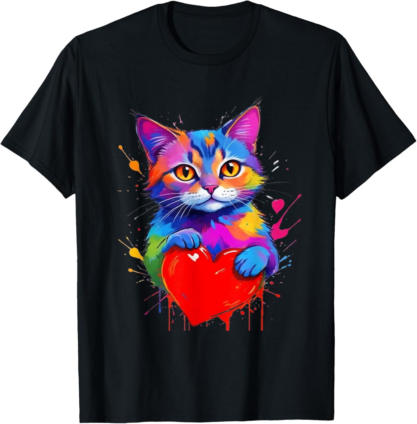 Cat Shirt - Colorful Graphic Cat Heart Shape , Black, S T-Shirt - T-Shirt | Black