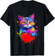 Cat Shirt - Colorful Graphic Cat Heart Shape , Black, S T-Shirt - T-Shirt | Black