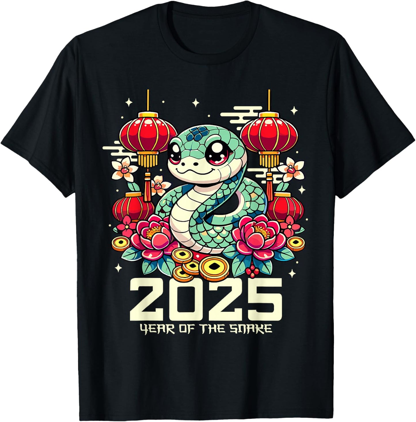 Cute Happy Chinese New Year of the Snake 2025 Lunar Zodiac T-Shirt - T-Shirt | Black