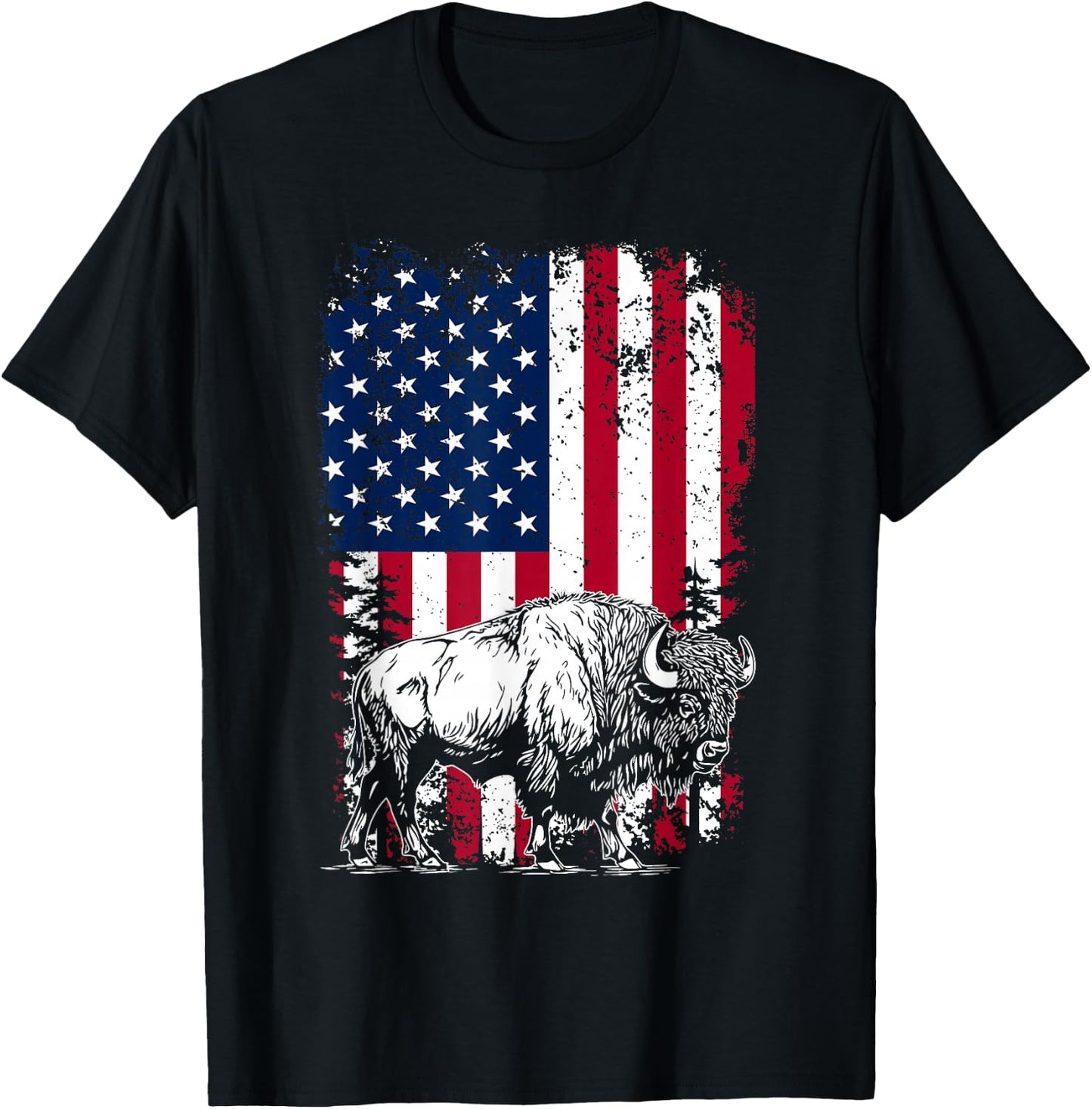 Bison US Flag - USA American Flag 4th Of July Fourth T-Shirt - T-Shirt | Black