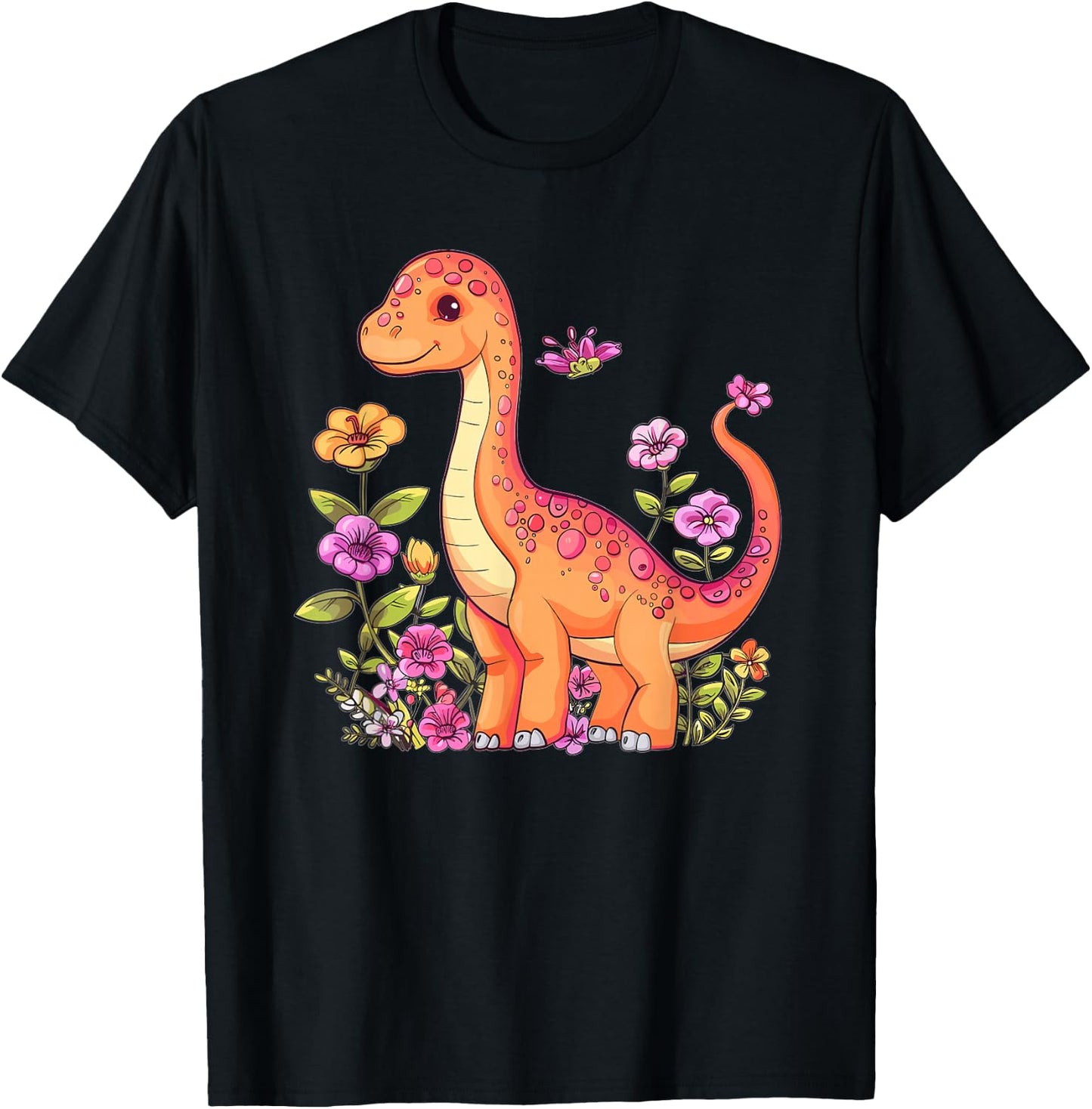 Cute Brachiosaurus With Flowers I Kids Brachiosaurus T-Shirt - T-Shirt | Black