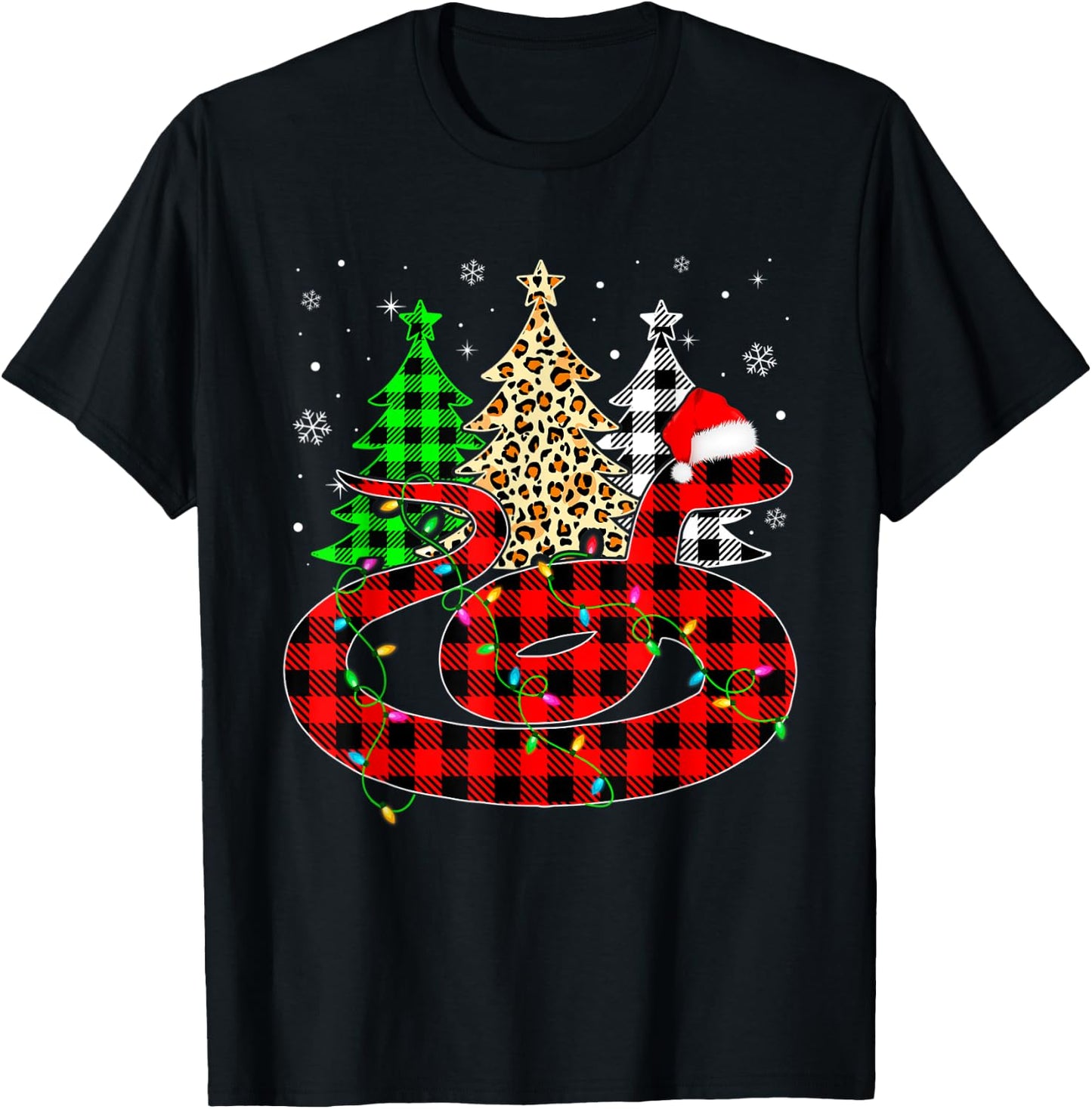 Cute Snake Santa Hat Christmas Tree Lights Xmas Plaid T-Shirt - T-Shirt | Black