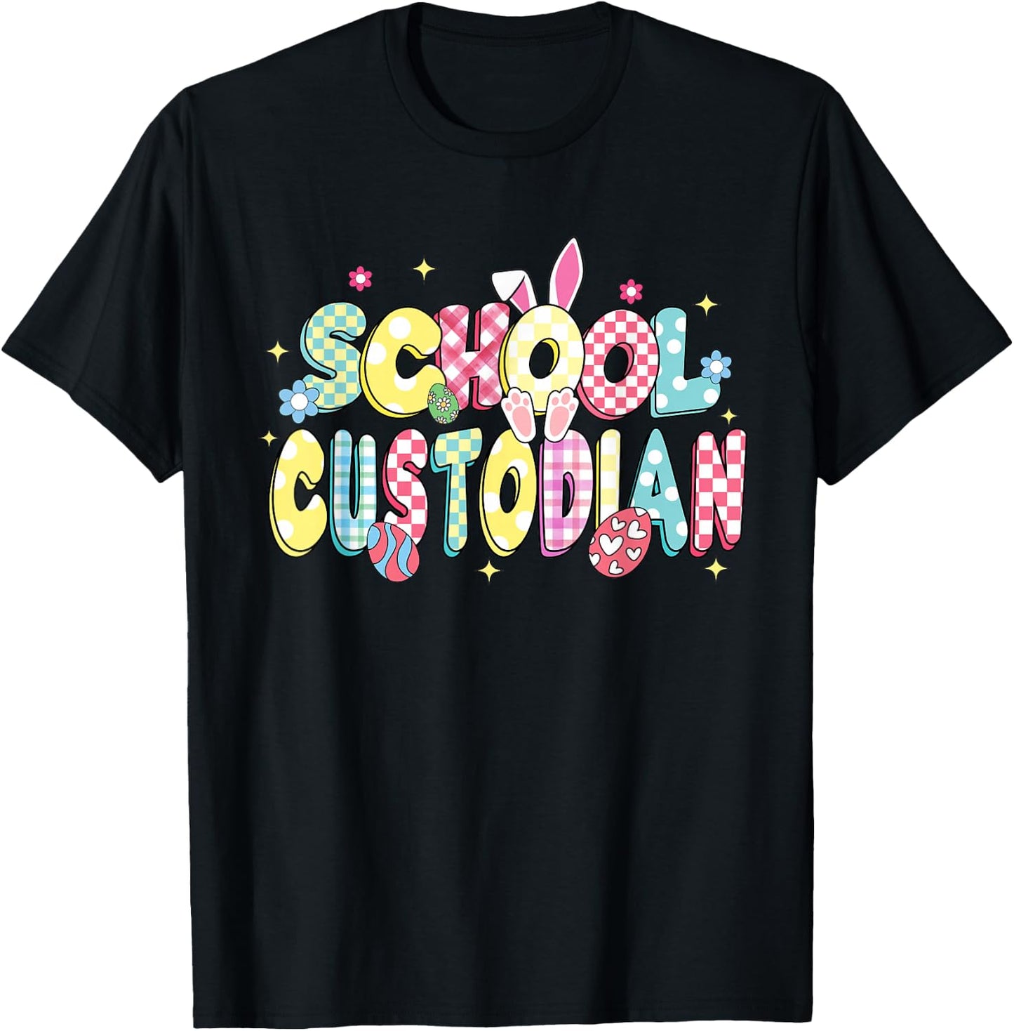 Retro Groovy School Custodian Bunny Ear Funny Easter Gifts T-Shirt - T-Shirt | Black