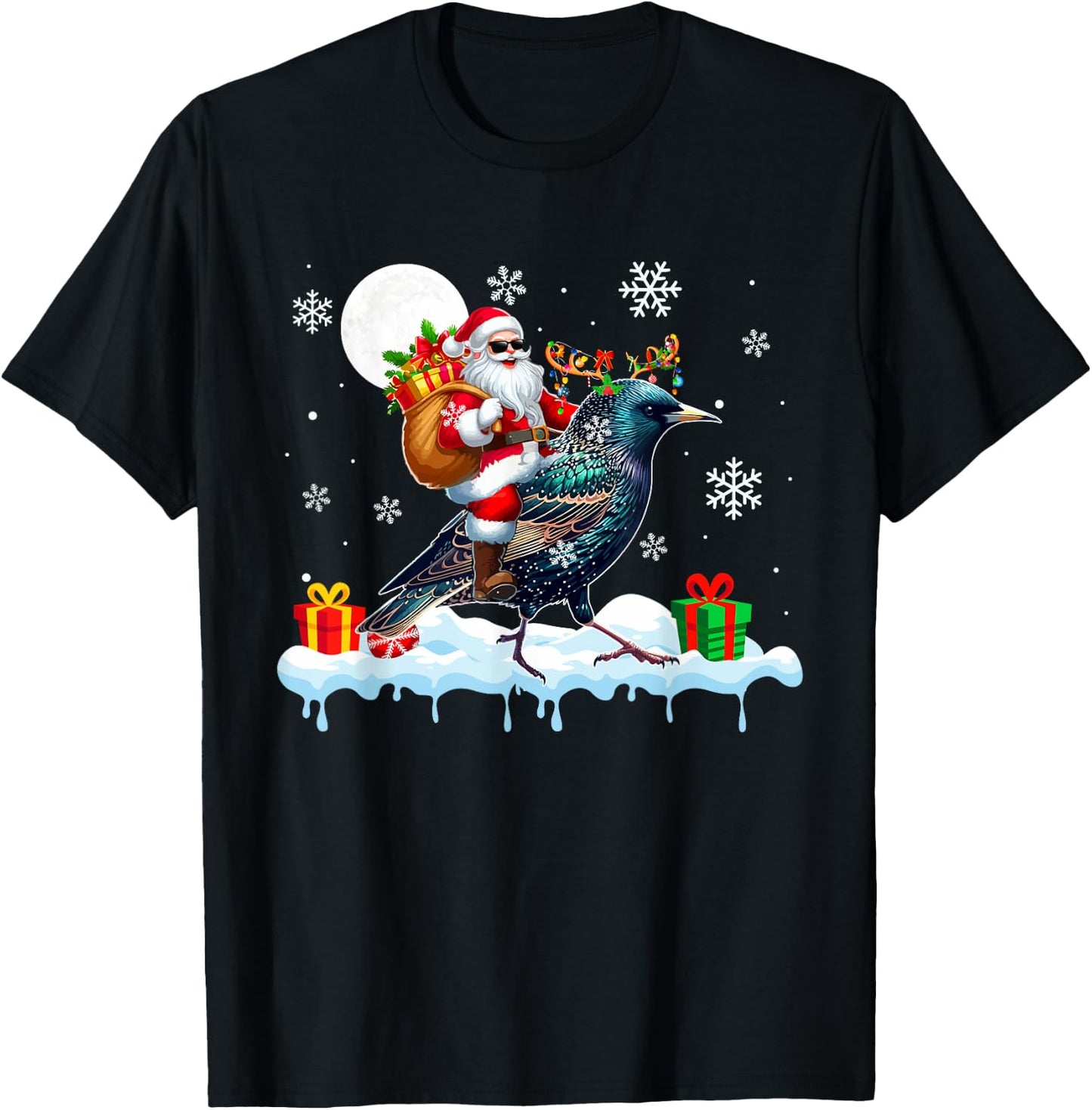 Santa Sunglasses Riding Reindeer Starling Bird Enthusiast T-Shirt - T-Shirt | Black