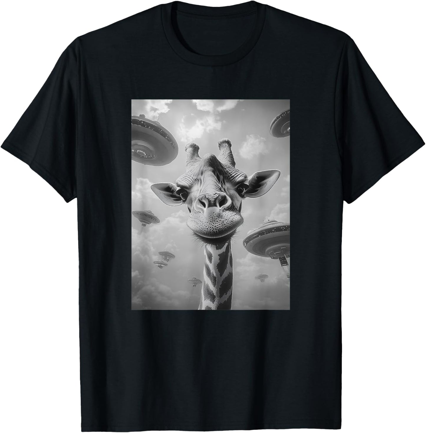 Funny Graphic Giraffe Selfi with UFOs Meme T-Shirt - T-Shirt | Black