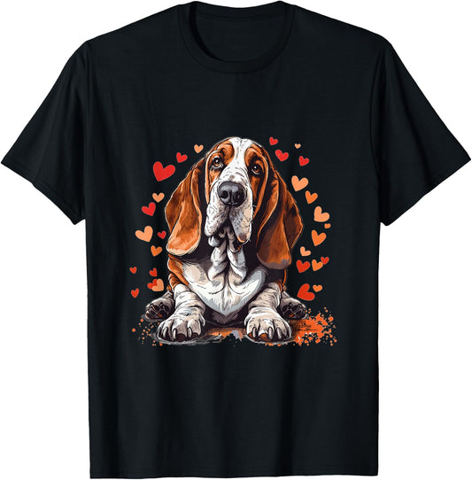 Basset Hound with Hearts Dog Breed Graphic T-Shirt - T-Shirt | Black