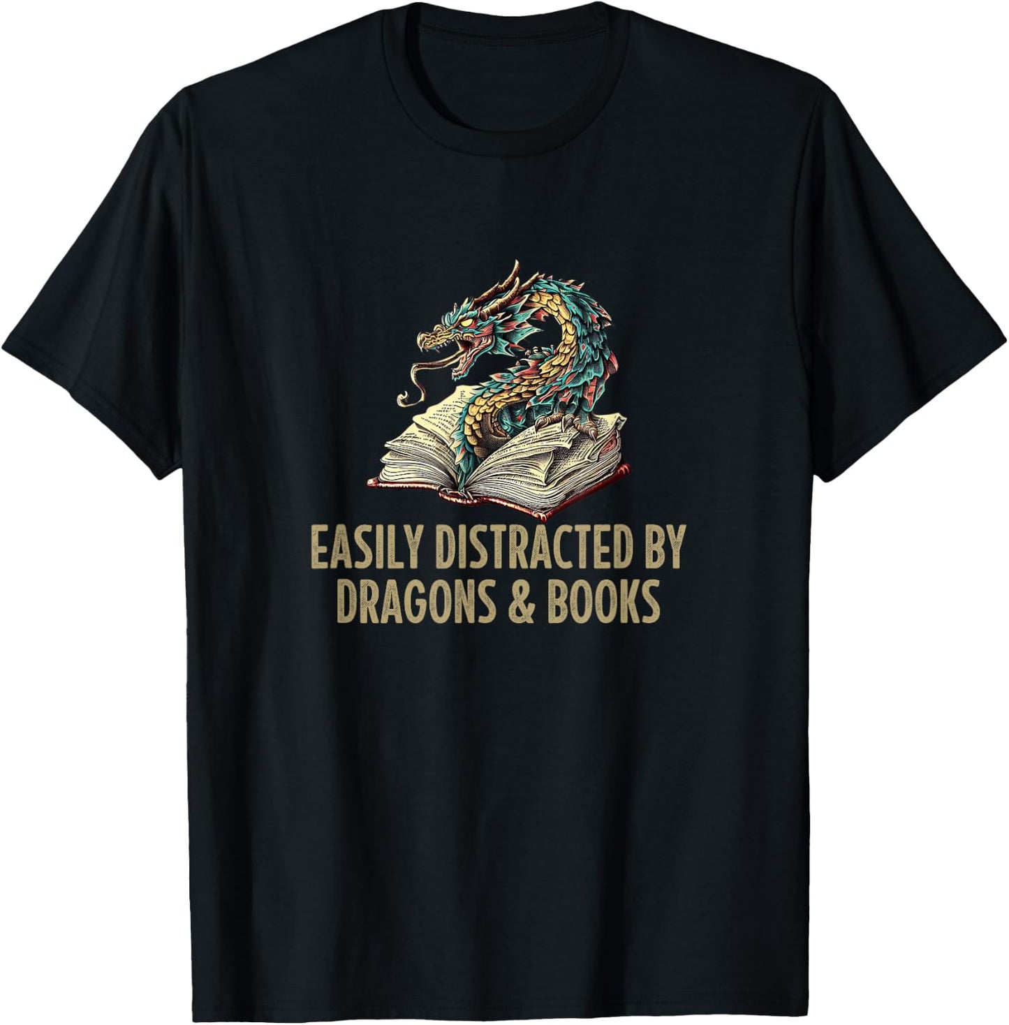 Easily Distracted By Dragons & Books - Vintage Style T-Shirt - T-Shirt | Black