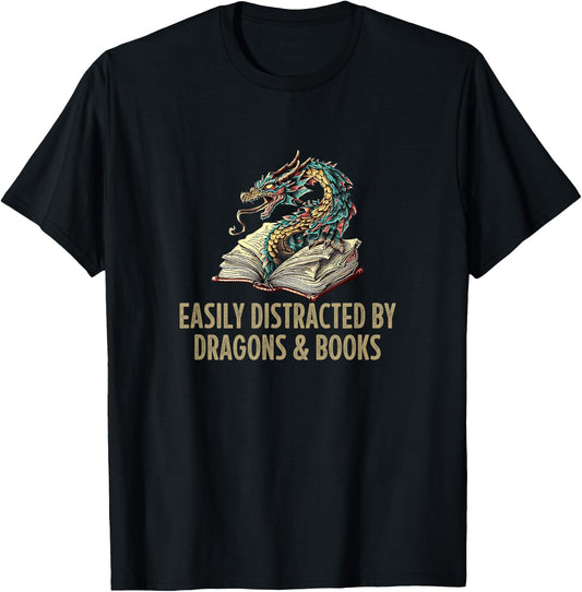 Easily Distracted By Dragons & Books - Vintage Style T-Shirt - T-Shirt | Black