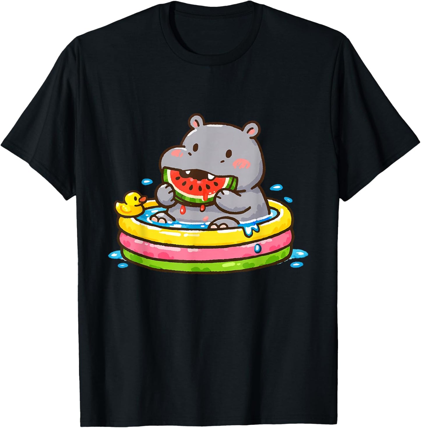 Hippo Eating Watermelon in Pool Funny Cartoon T-Shirt - T-Shirt | Black
