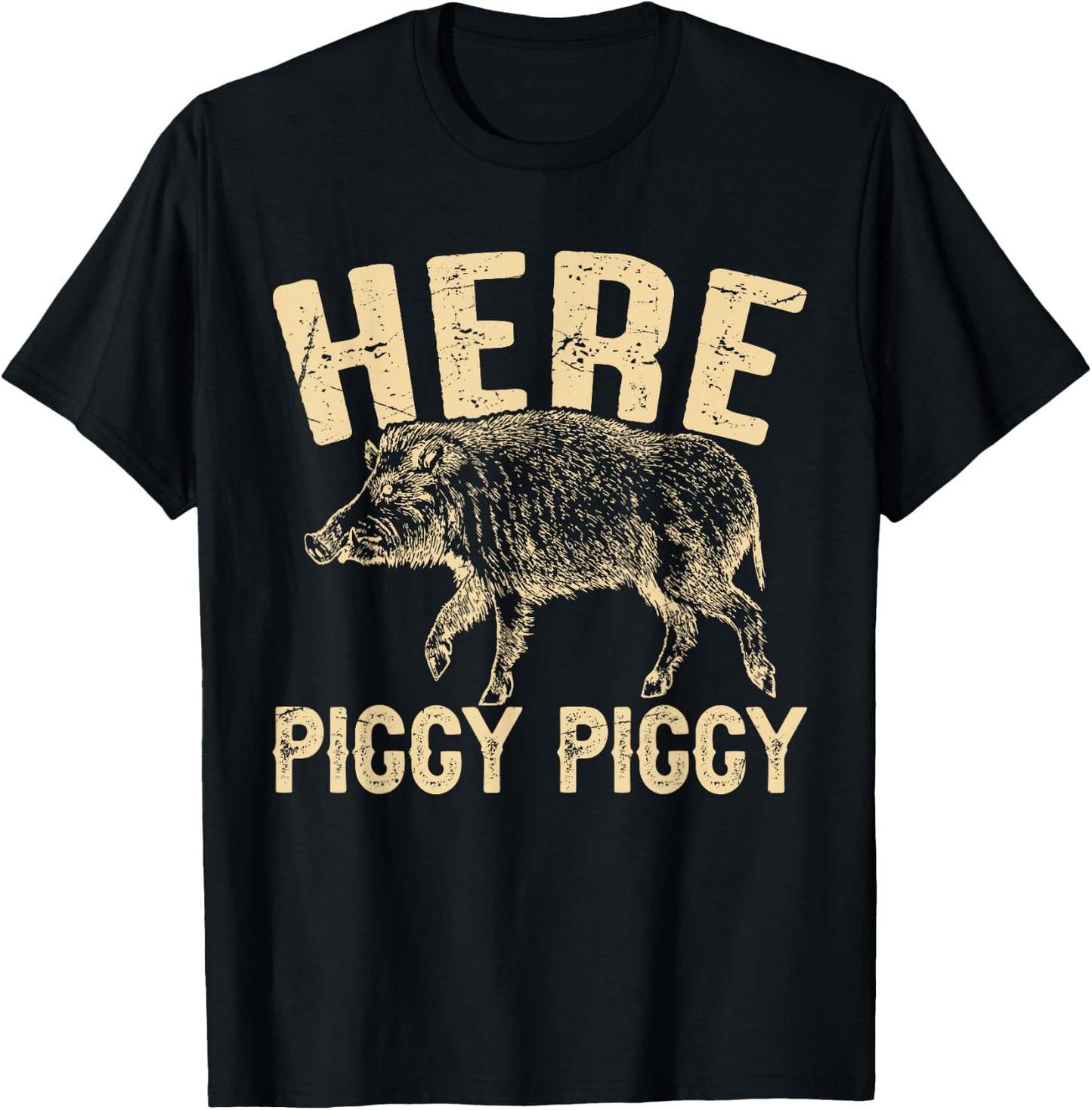 Here Piggy Piggy Funny Boar Hunting Vintage Hog Hunting T-Shirt - T-Shirt | Black