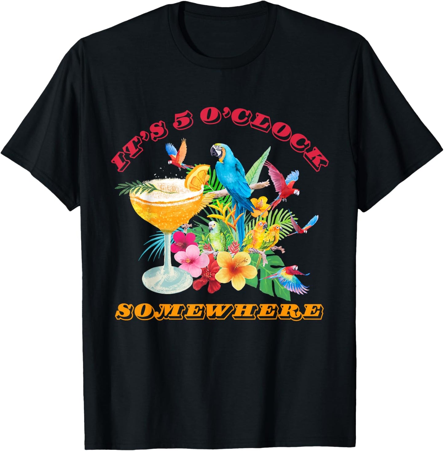 It's 5 O'clock Somewhere Parrot Sunset Drinking Summer Retro Men Women T-Shirt - T-Shirt | Black