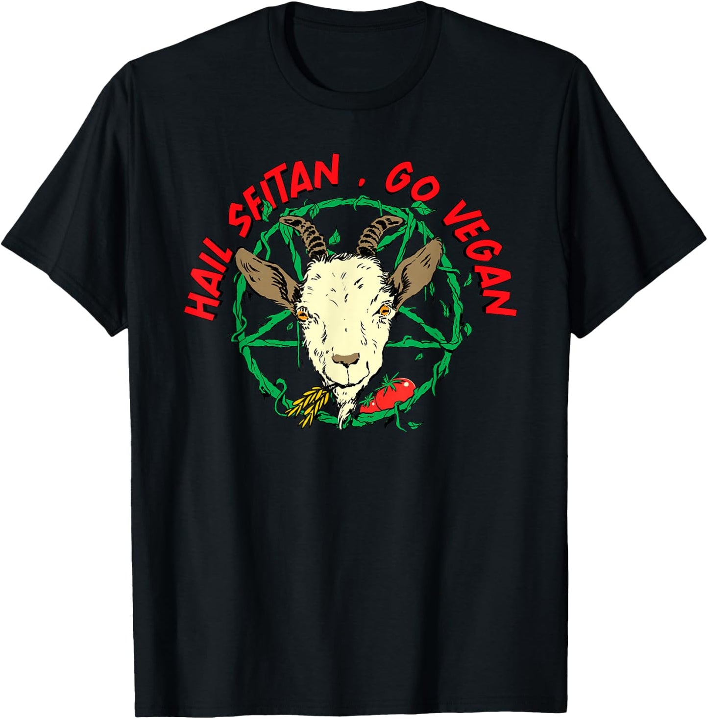 Hail Seitan Go Vegan Funny Vegan Goat Design for Vegans T-Shirt - T-Shirt | Black