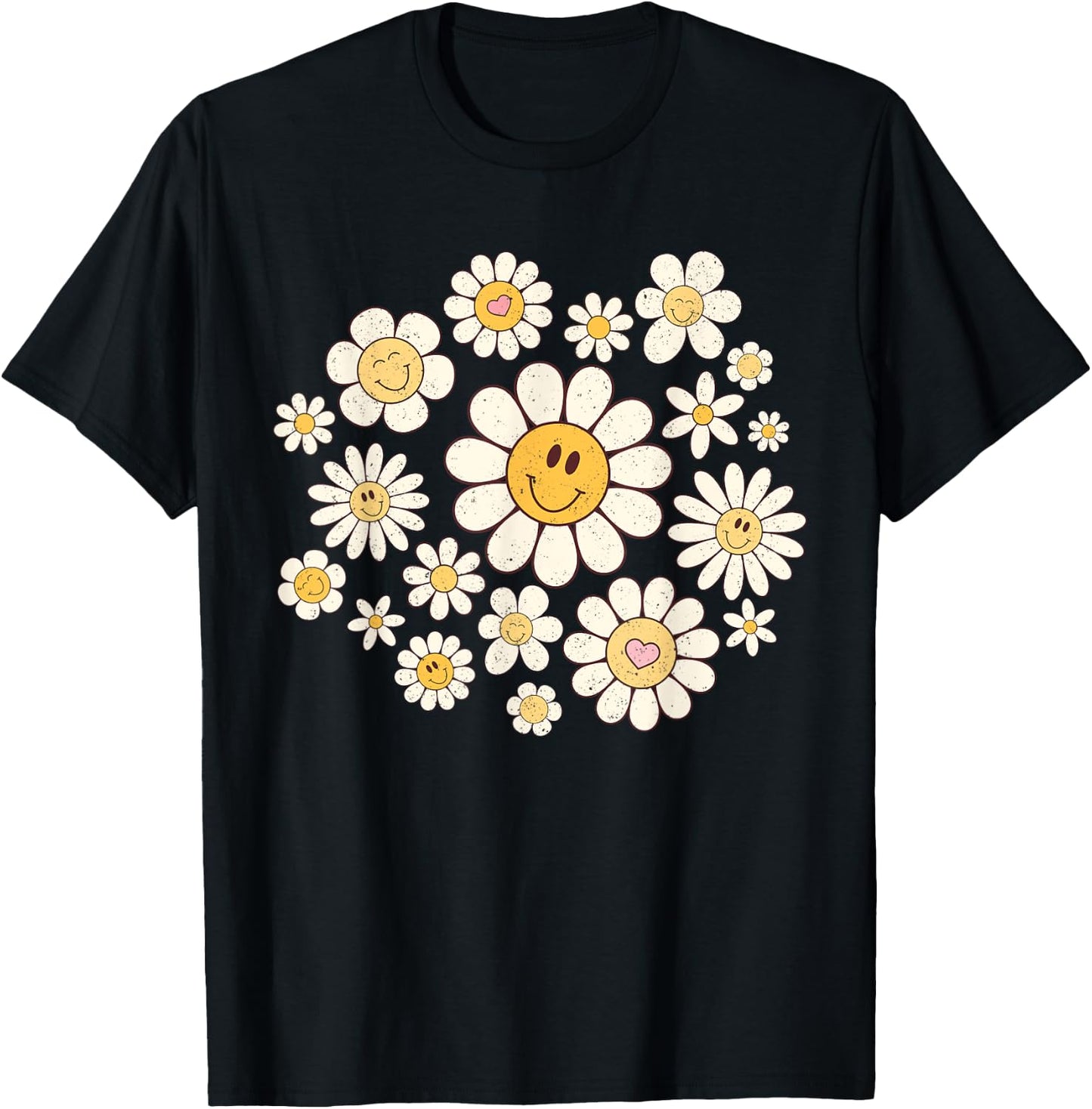 Vintage Cute Smile Face Flower Happy Face Flowers Heart Girl T-Shirt - T-Shirt | Black