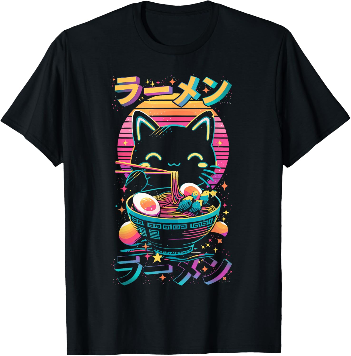 Anime Cat Eating Ramen Retro Kawaii Aesthetic T-Shirt - T-Shirt | Black