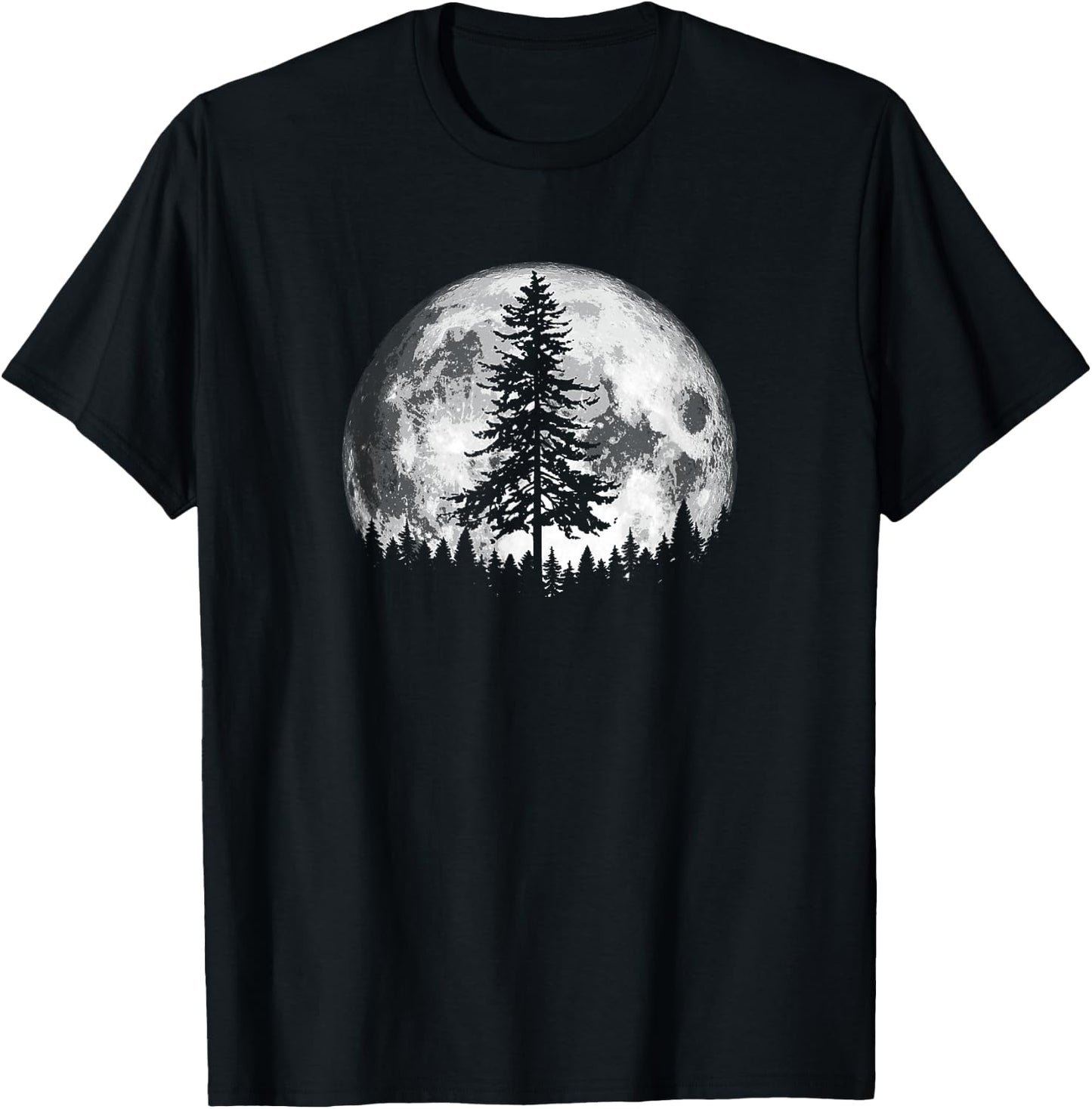 Retro Full Moon & Minimalist Pine Tree Vintage Graphic T-Shirt - T-Shirt | Black
