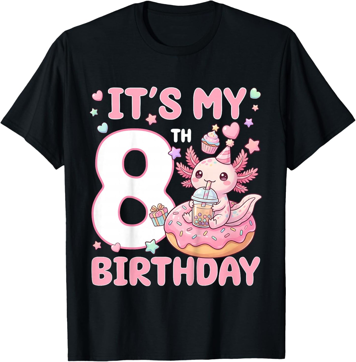 It's My 8th Birthday Axolotl Bubble Boba Tea Anime 8 Years T-Shirt - T-Shirt | Black