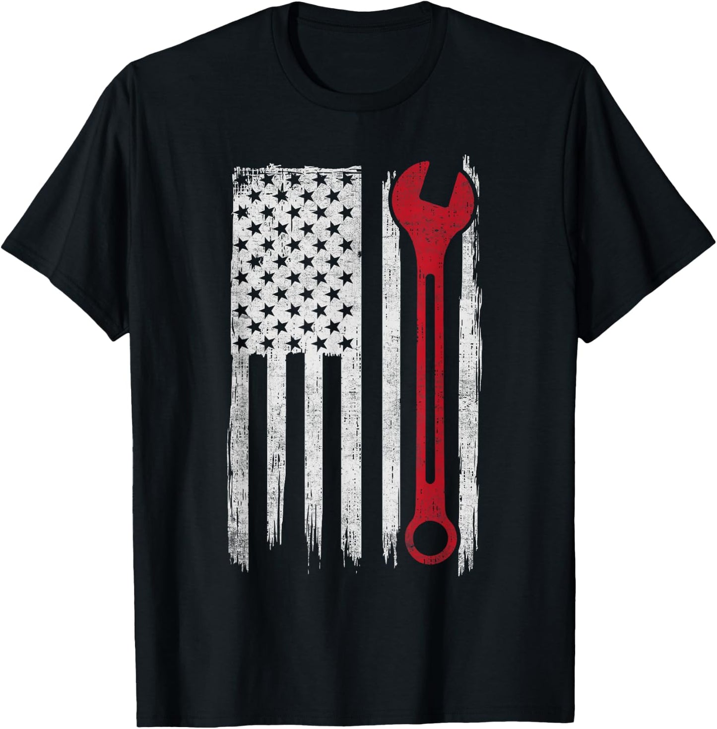 Mechanic Wrench Flag USA American Patriotic Repairman Car T-Shirt - T-Shirt | Black